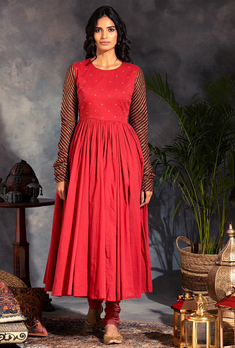 Saanjh Red Sitara Yolk Anarkali Set
