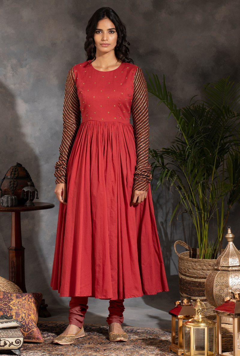 Saanjh Red Sitara Yolk Anarkali Set