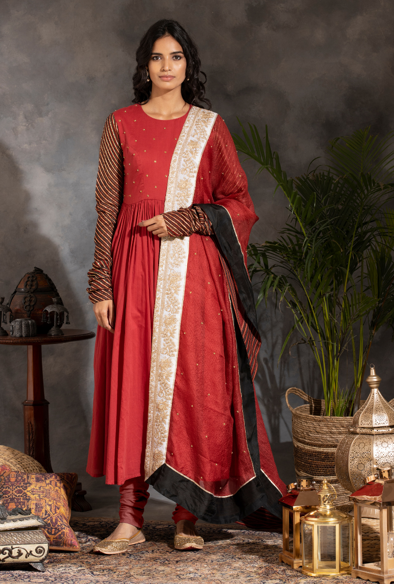 Saanjh Red Sitara Yolk Anarkali Set