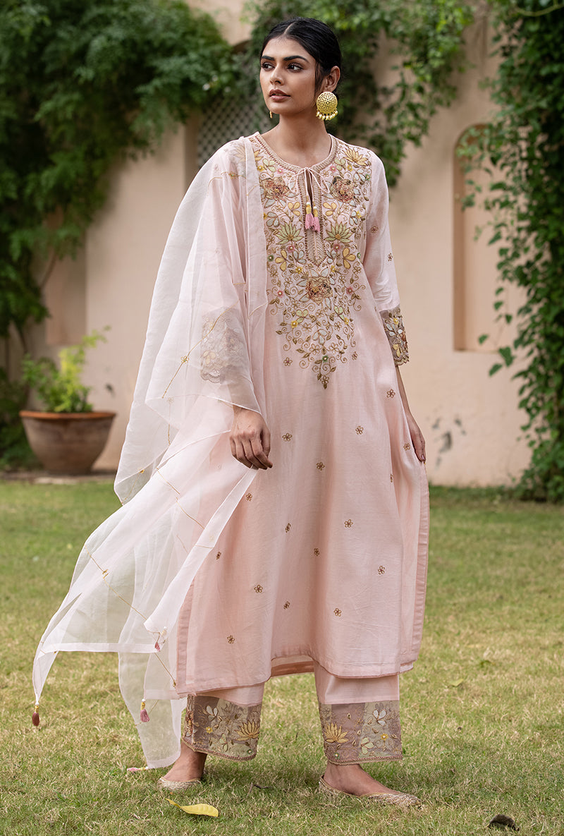 Soft Pink Applique Heavy Baano Kurta Set