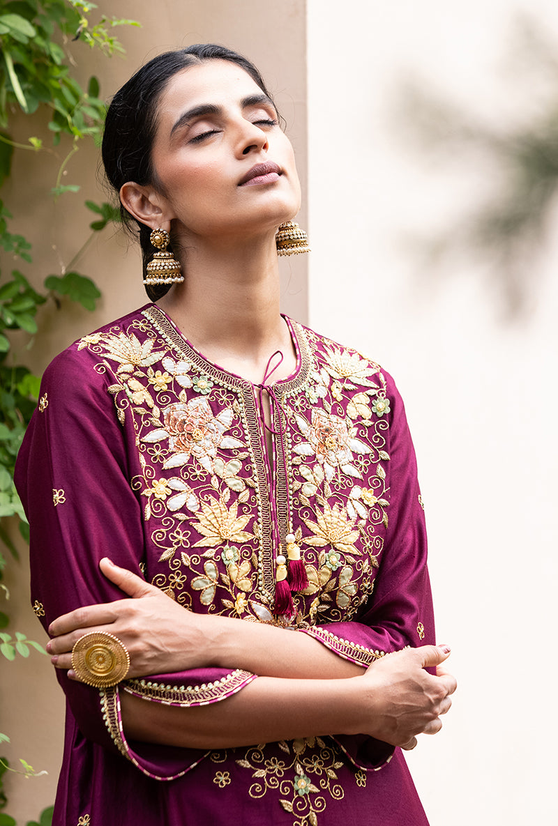 Wine Applique Classic Yoke Baano Kurta Set