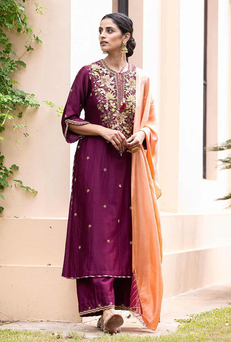 Wine Applique Classic Yoke Baano Kurta Set