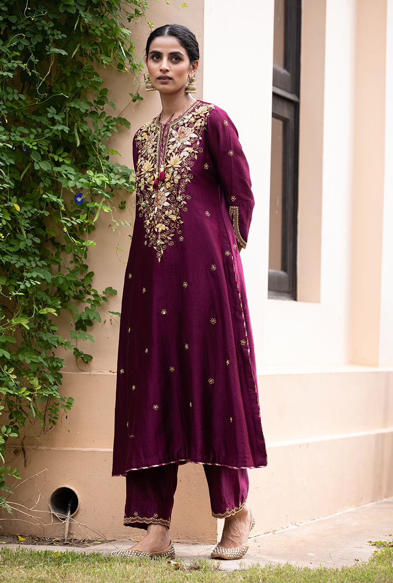 Wine Applique Classic Yoke Baano Kurta Set