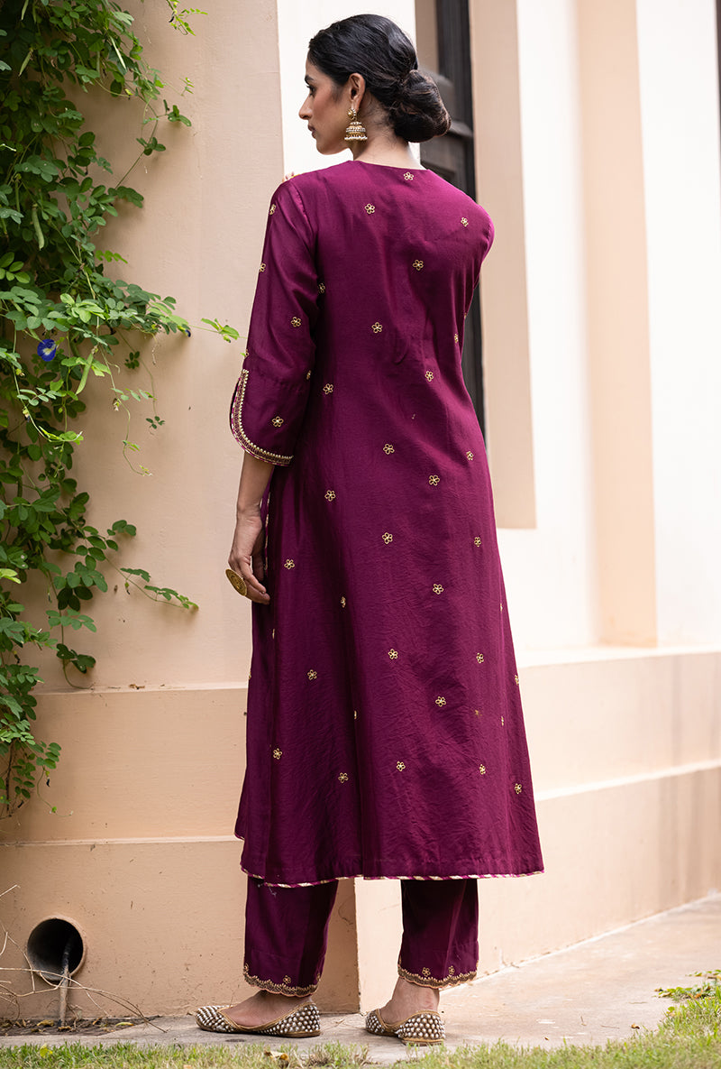 Wine Applique Classic Yoke Baano Kurta Set