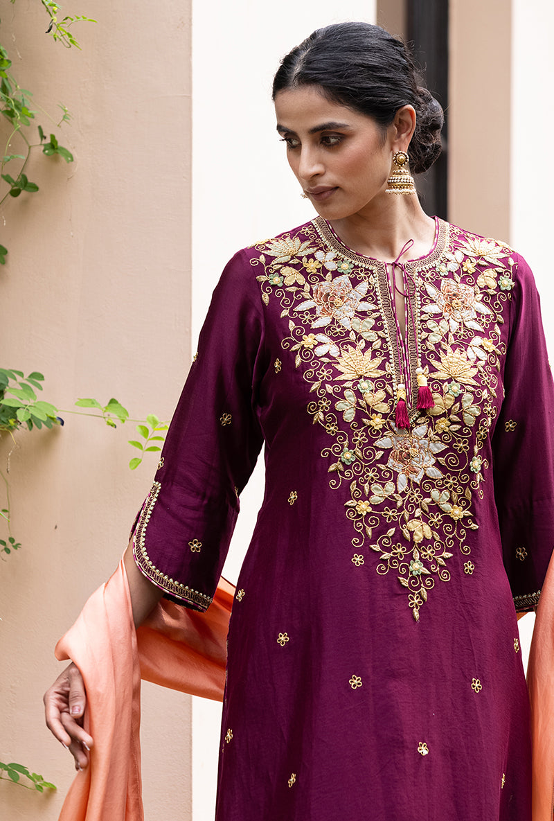 Wine Applique Classic Yoke Baano Kurta Set