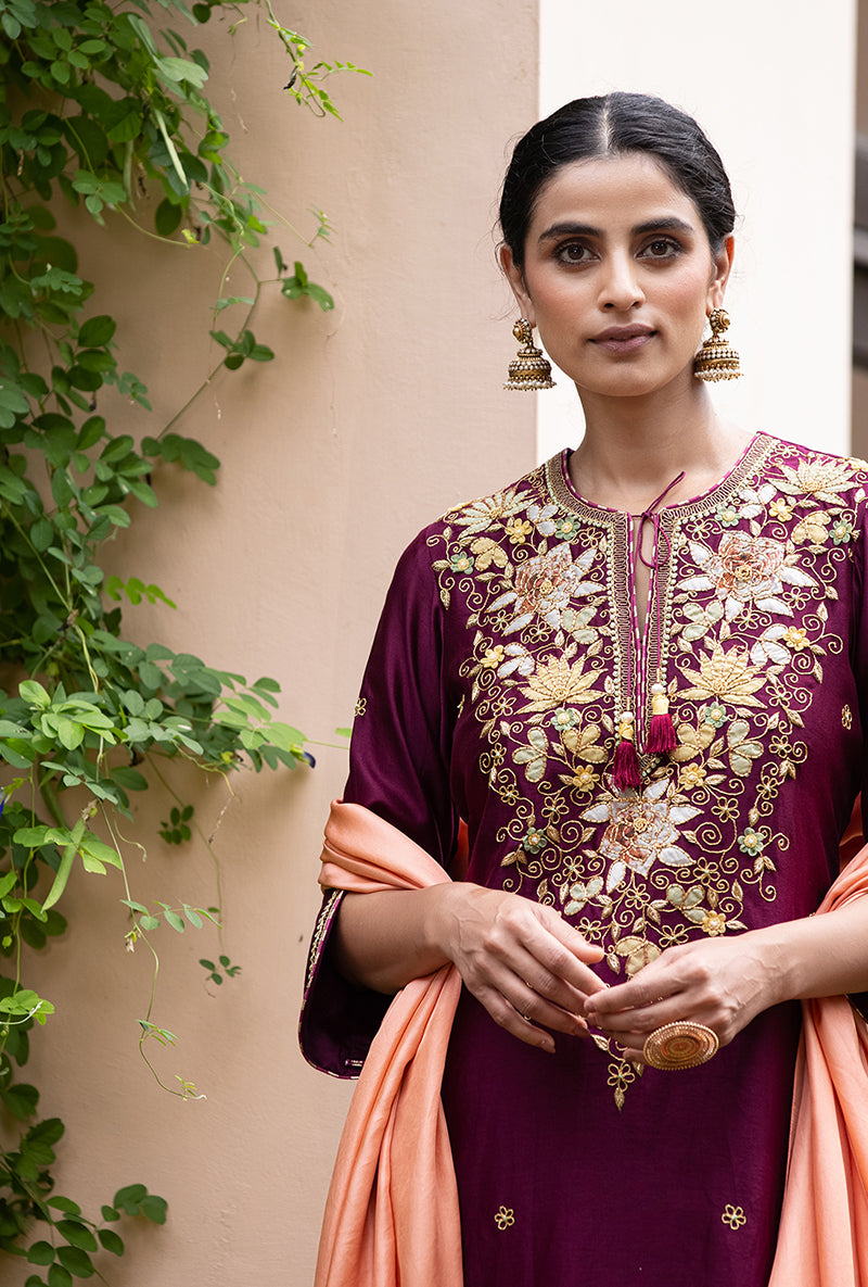 Wine Applique Classic Yoke Baano Kurta Set