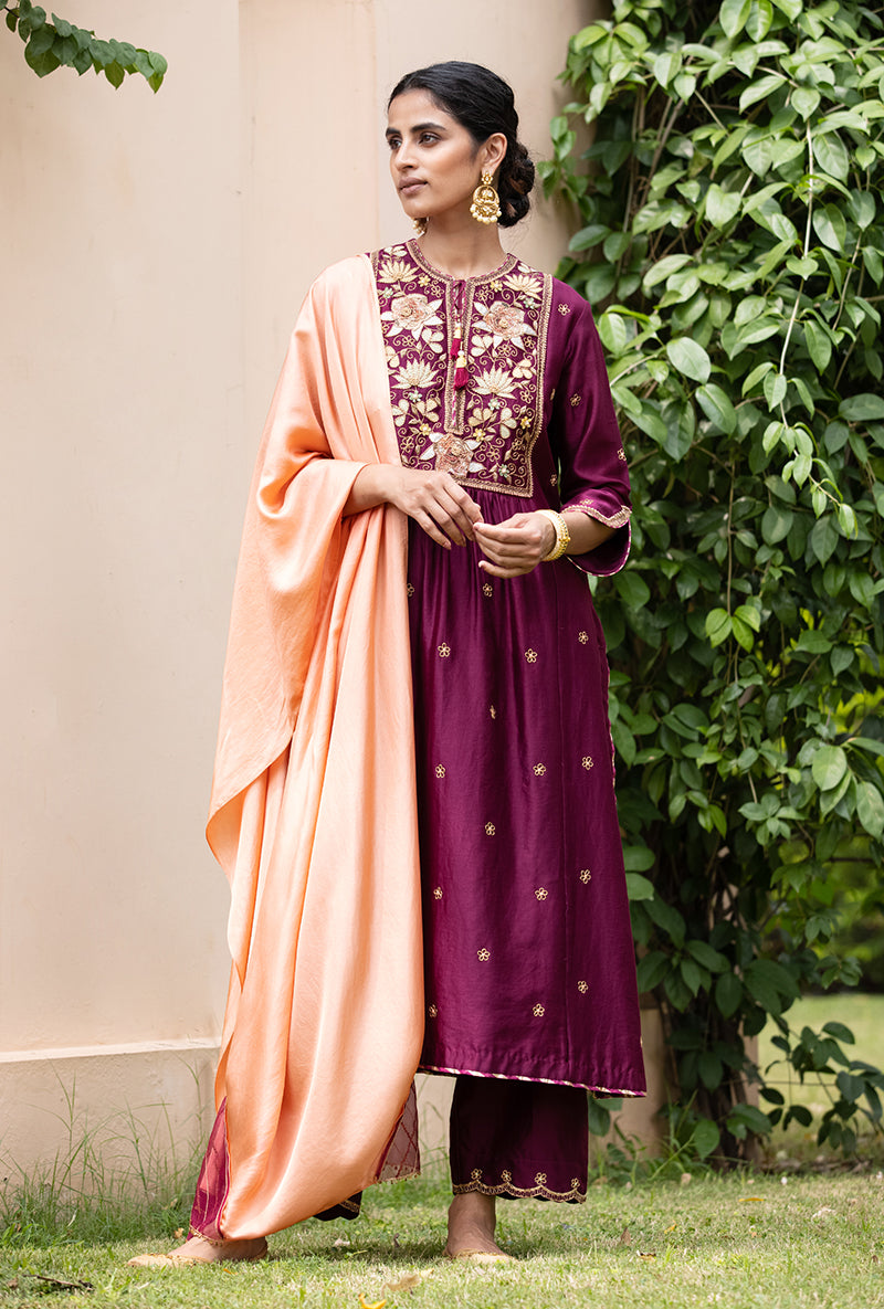 Wine Applique Pleated Yoke Baano Kurta Set