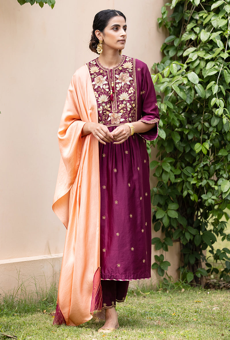 Wine Applique Pleated Yoke Baano Kurta Set