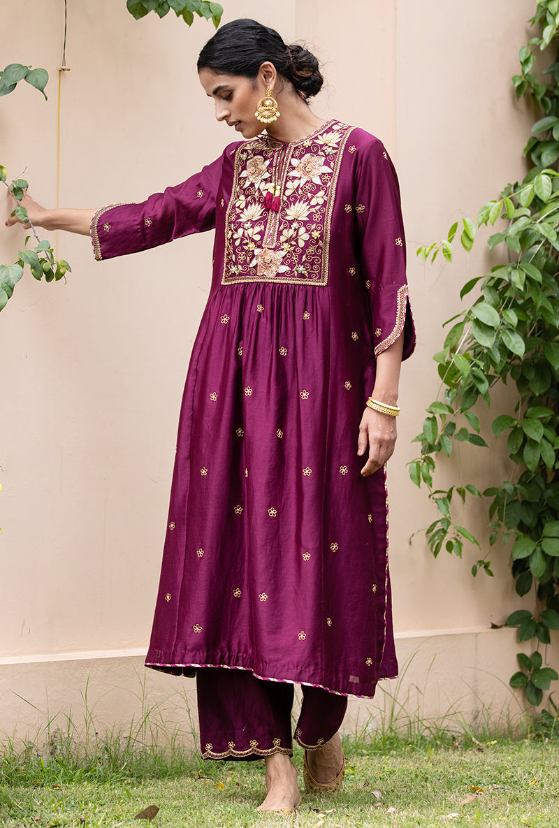 Wine Applique Pleated Yoke Baano Kurta Set