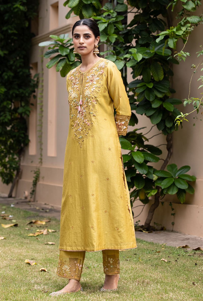 Yellow Applique Heavy  Baano Kurta Set