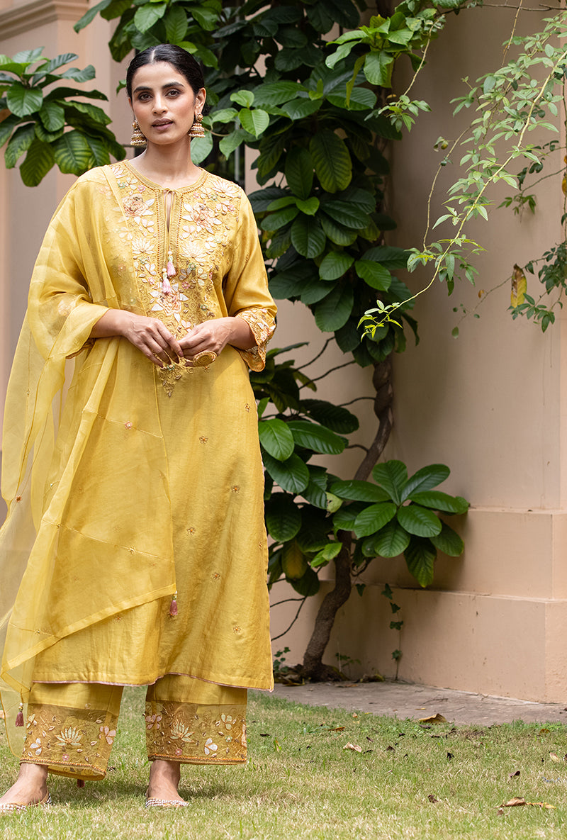 Yellow Applique Heavy  Baano Kurta Set