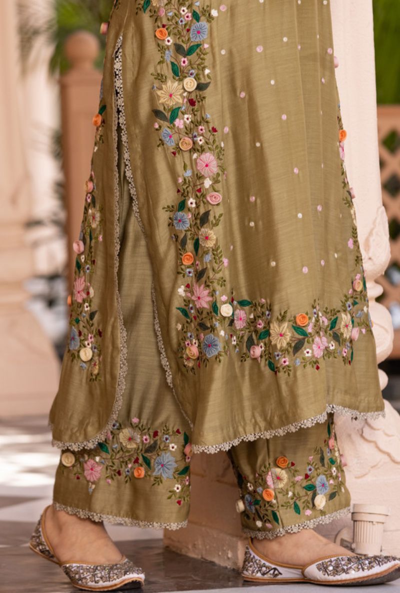 Olive Green Orchid Heavy Long Sahiba Kurta Set