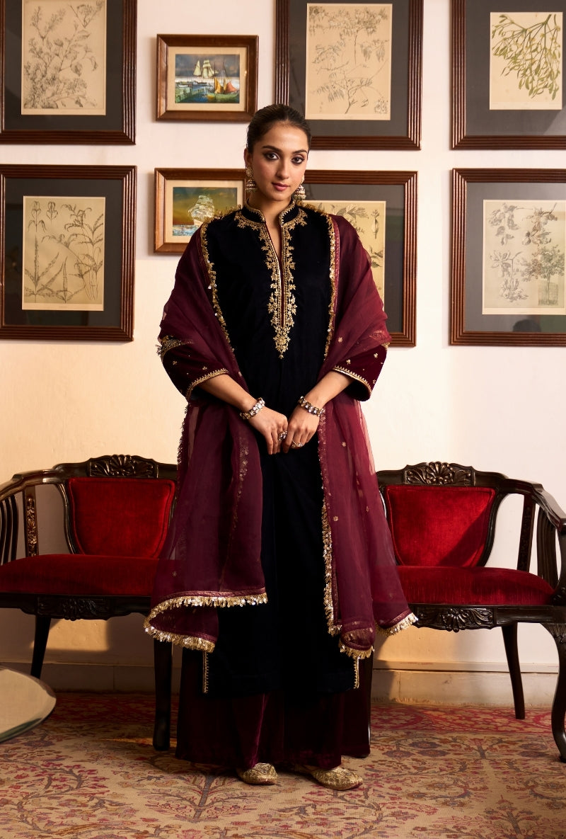 Navy Blue Chinese Collar Dilbar Kurta Set