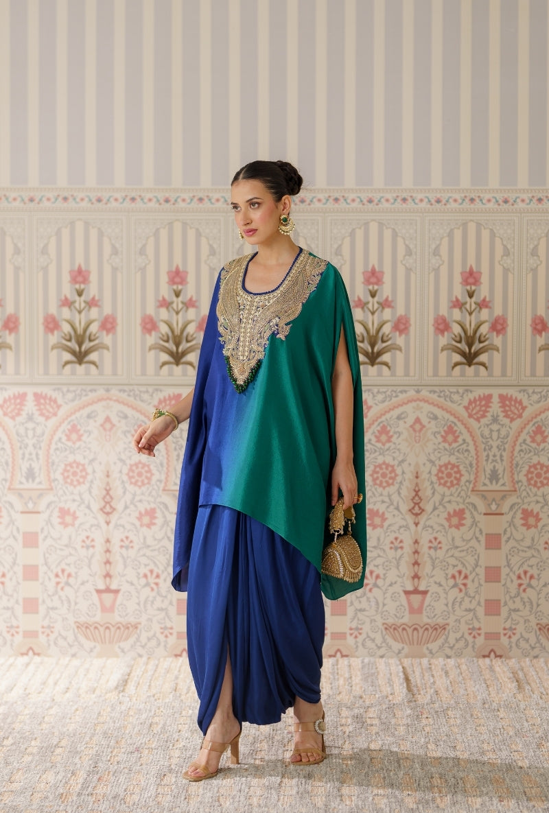 Blue &amp; Green Ombre Heavy Yoke Hand Embroidery Mallika Kurta Set