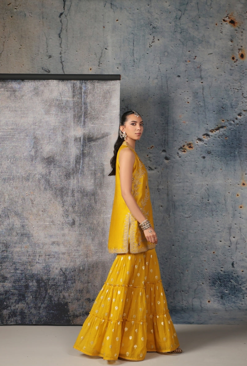 Yellow Sleeveless Nihira Sharara Set