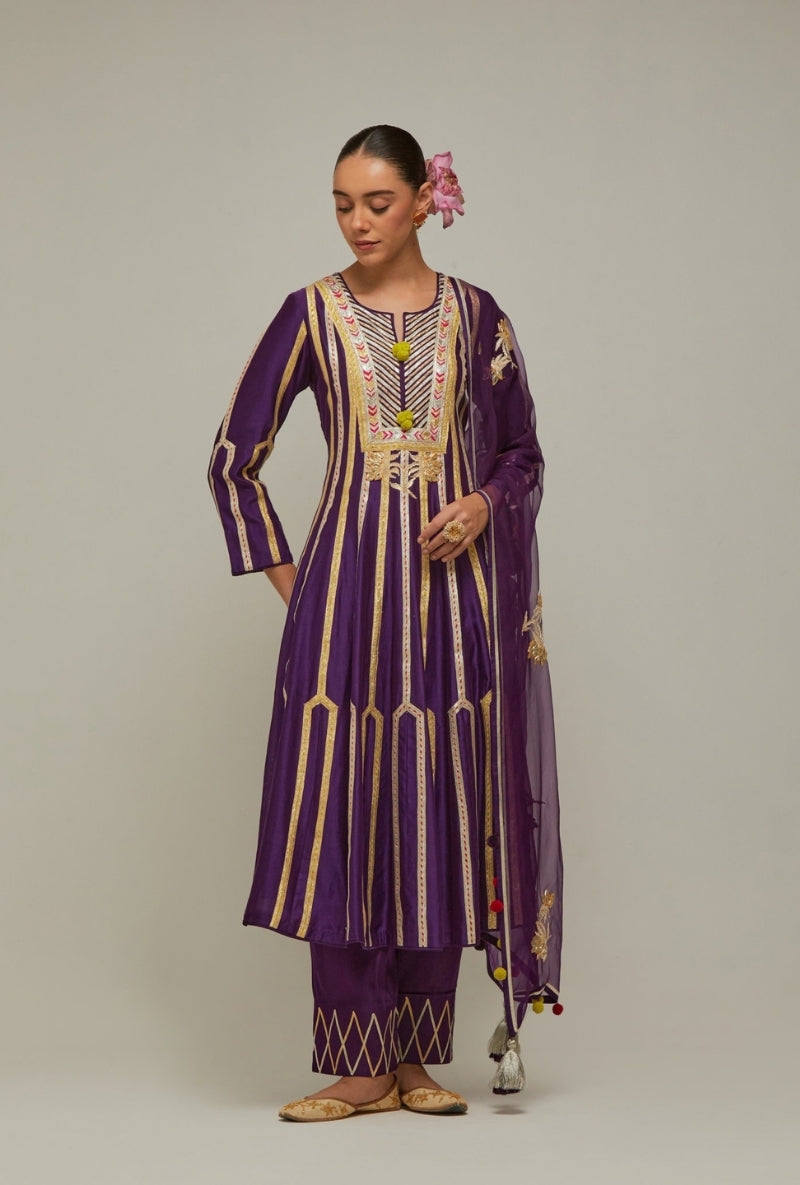 Purple Multistripe Gota long Mehreen Anarkali Set