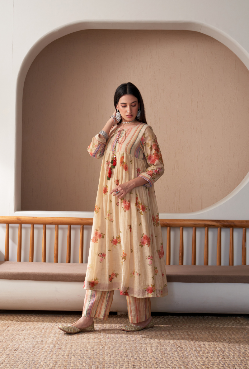 Beige Stripe Yoke Full Chunat Bageecha Kurta Set