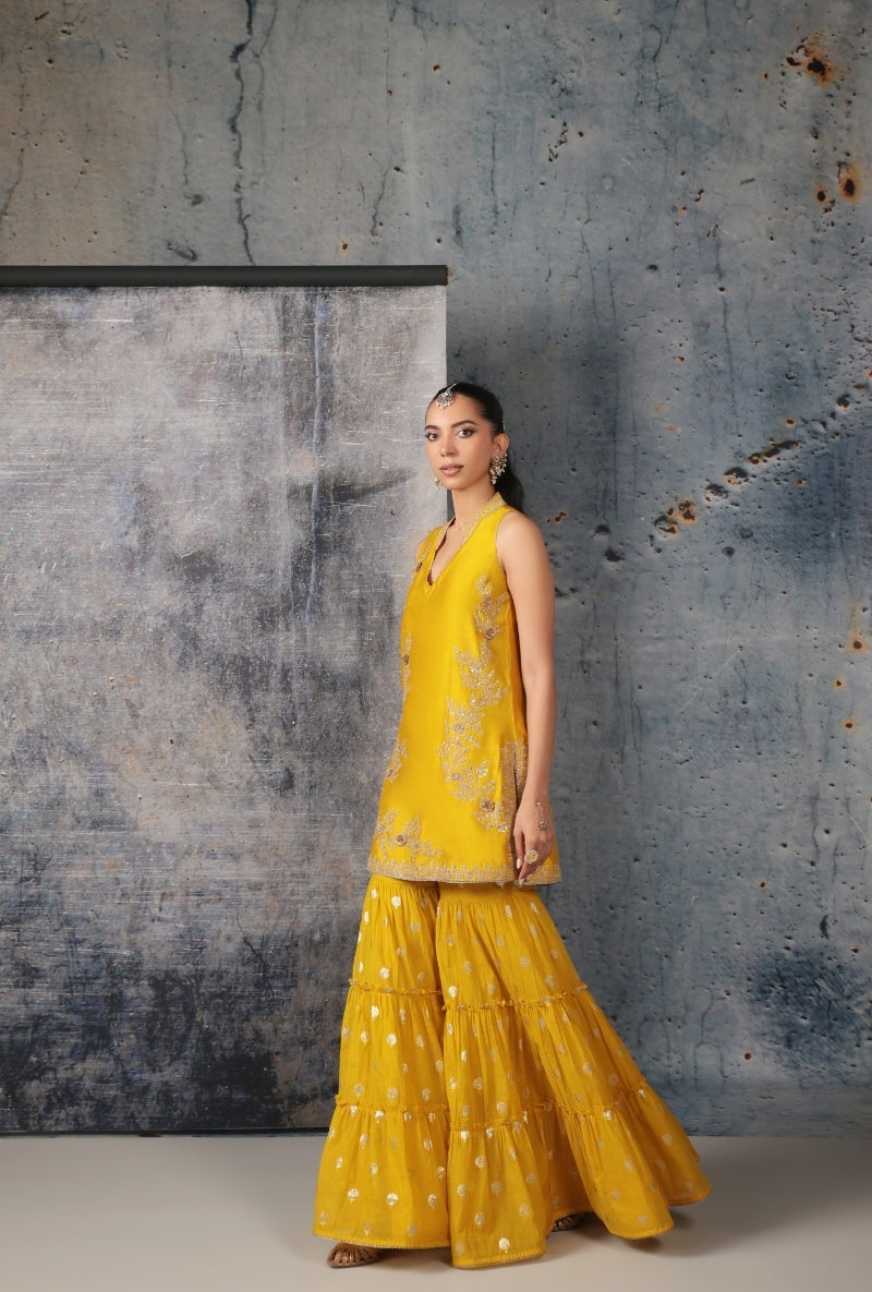 Yellow Sleeveless Nihira Sharara Set