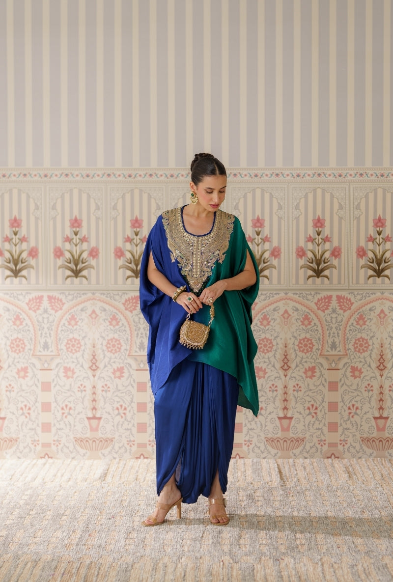 Blue &amp; Green Ombre Heavy Yoke Hand Embroidery Mallika Kurta Set