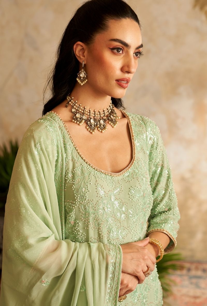 Mint Green Pearl Embroidery Rumi Gharara Set