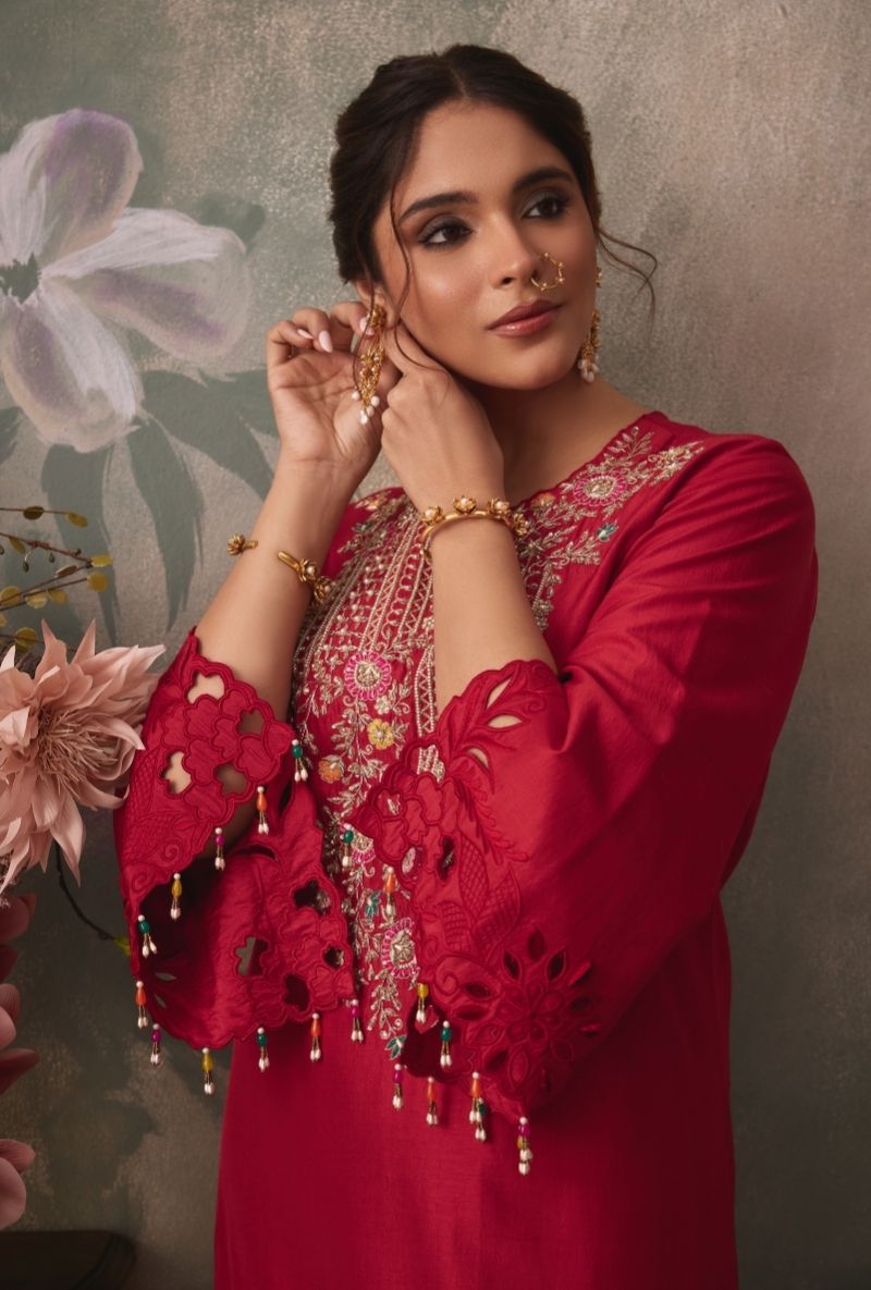 Red Embroidered Yoke Jalsa Kurta Set