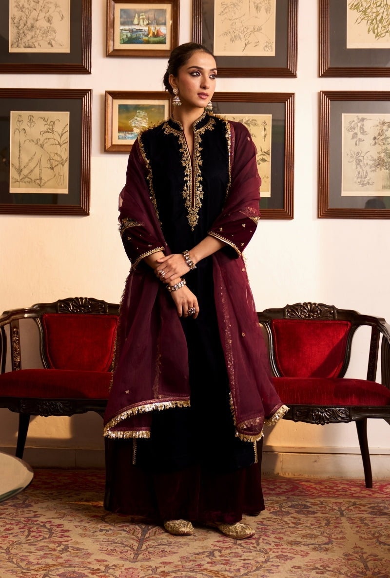 Navy Blue Chinese Collar Dilbar Kurta Set