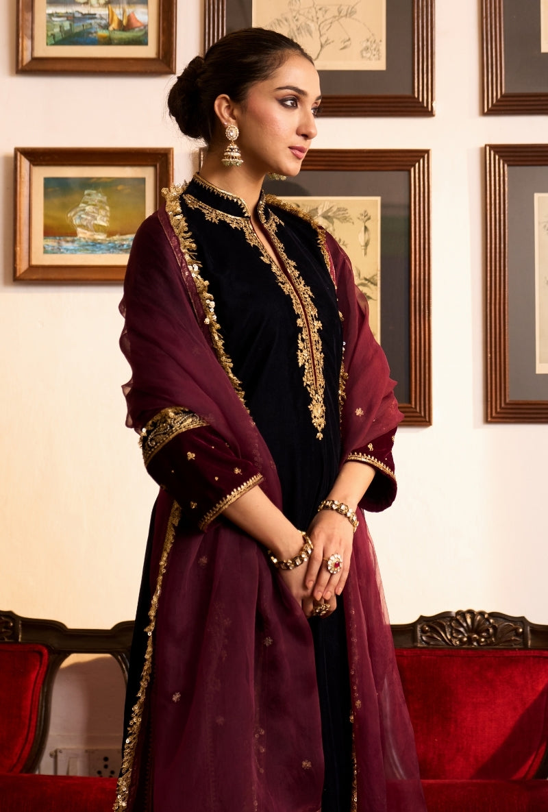 Navy Blue Chinese Collar Dilbar Kurta Set