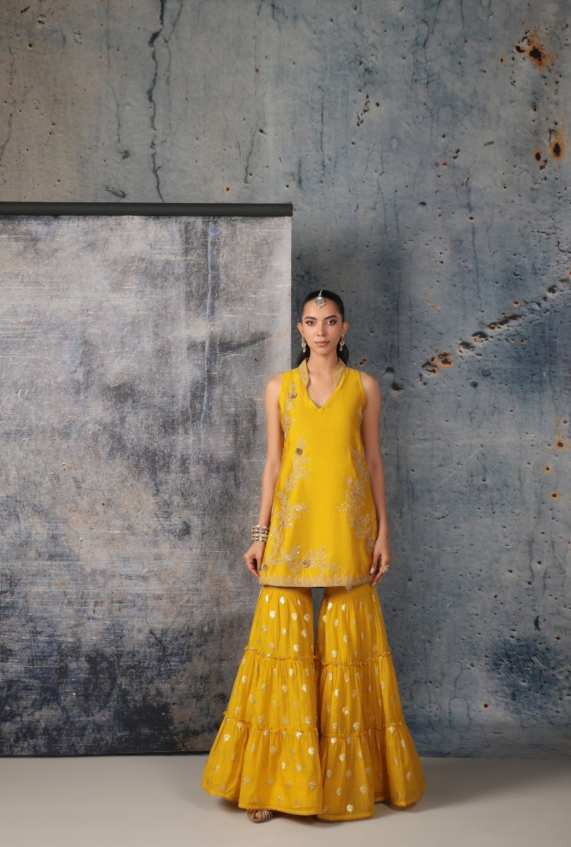 Yellow Sleeveless Nihira Sharara Set