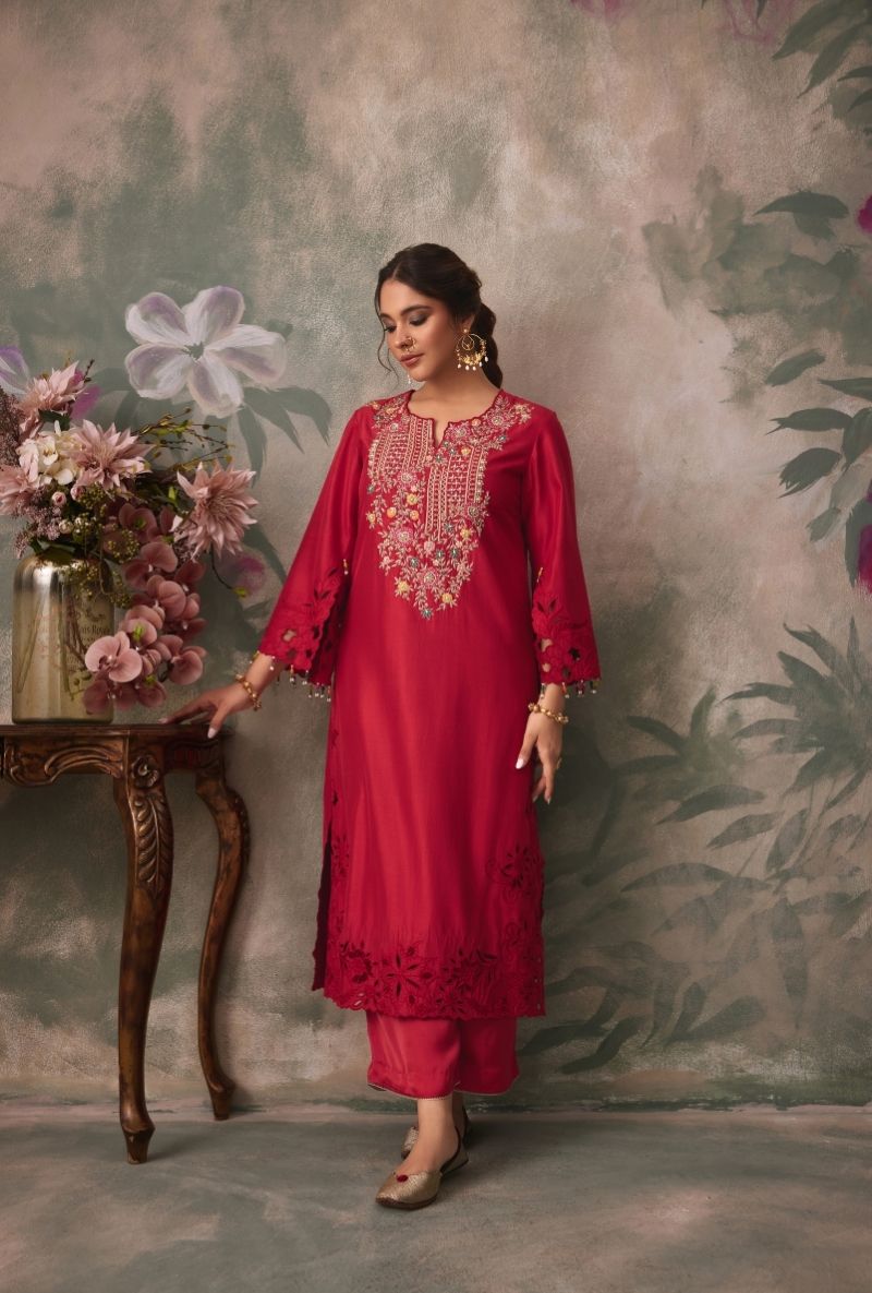 Red Embroidered Yoke Jalsa Kurta Set
