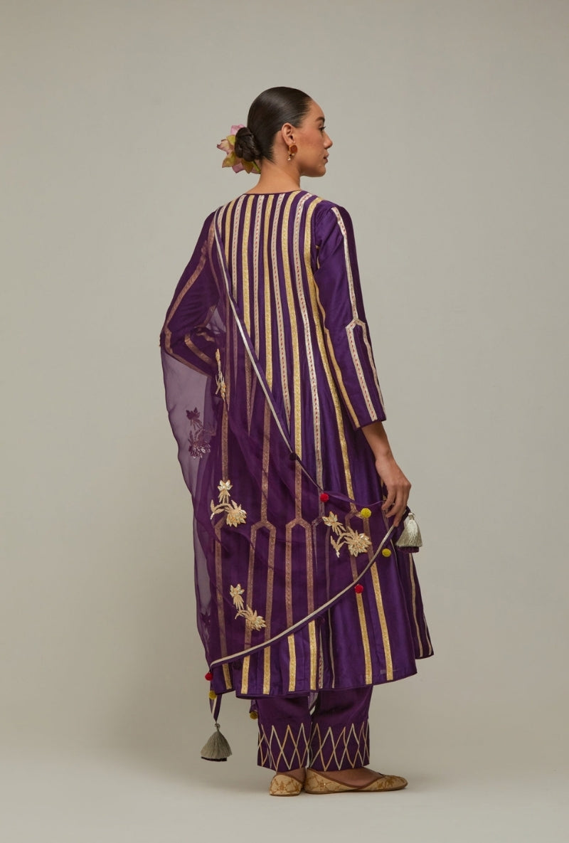 Purple Multistripe Gota long Mehreen Anarkali Set