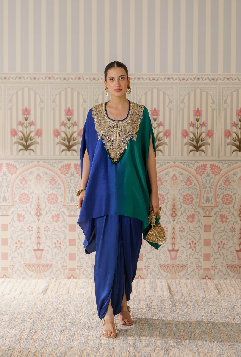 Blue &amp; Green Ombre Heavy Yoke Hand Embroidery Mallika Kurta Set