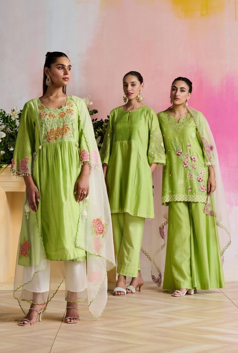 Light Green Embroidered Angrakha Yoke Amara Kurta Set