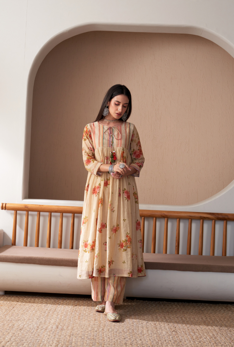 Beige Stripe Yoke Full Chunat Bageecha Kurta Set