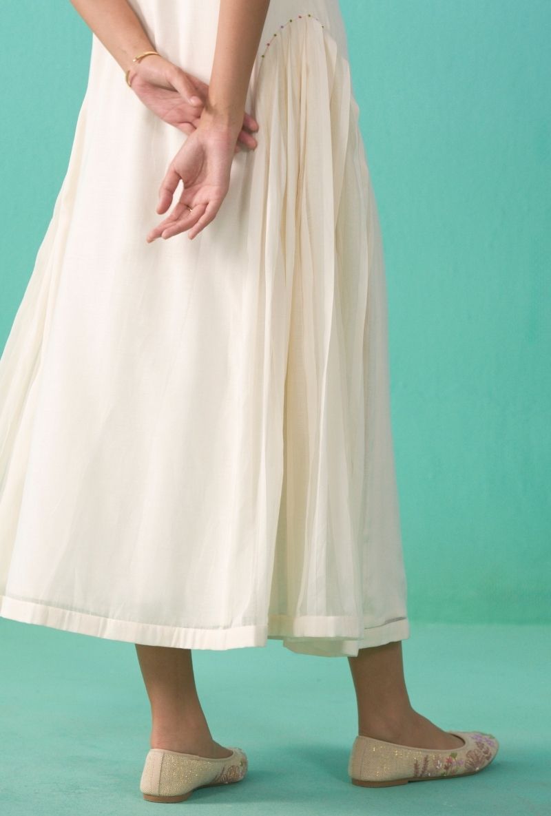 Ivory Embroidered Yoke  Side Pleats Zia Shift Dress