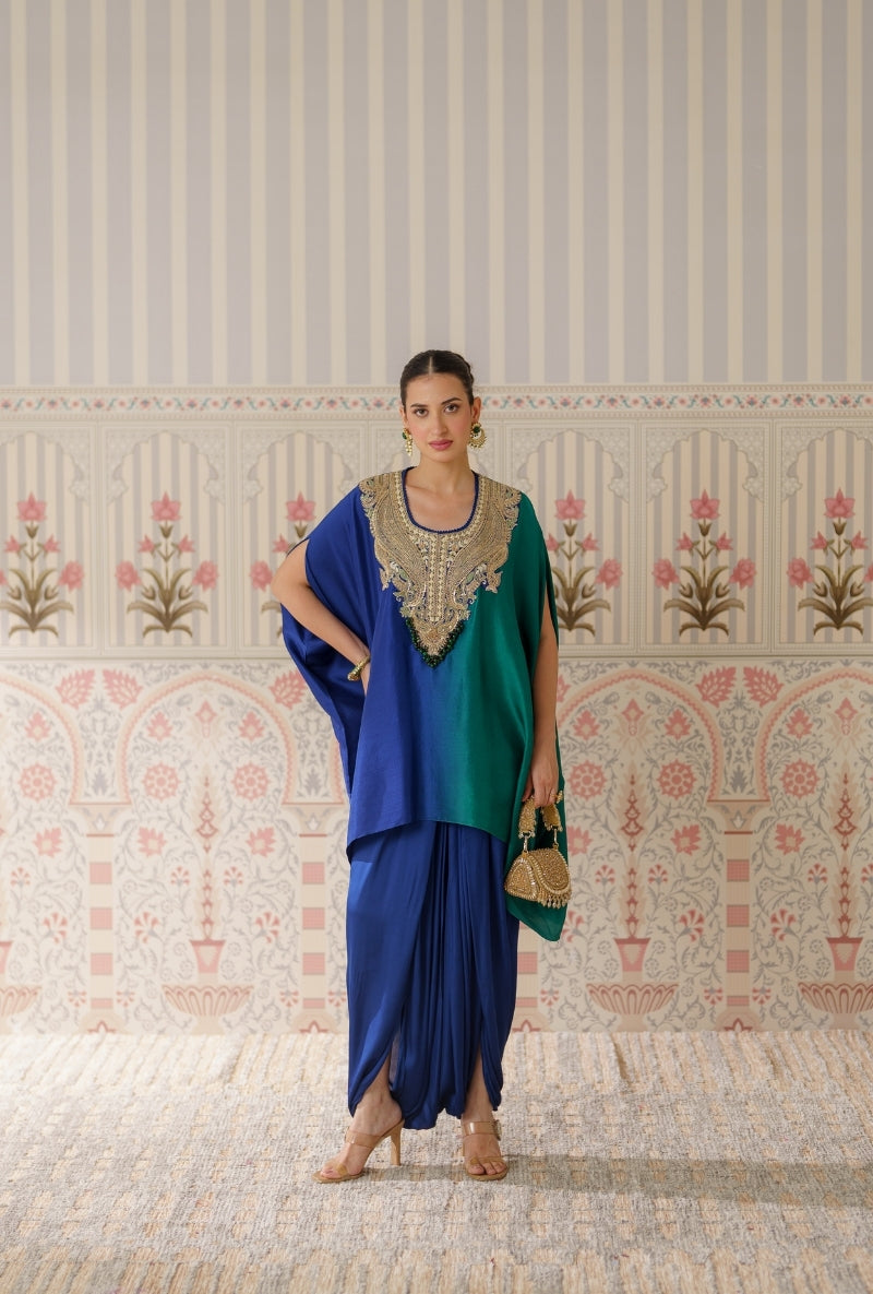 Blue &amp; Green Ombre Heavy Yoke Hand Embroidery Mallika Kurta Set
