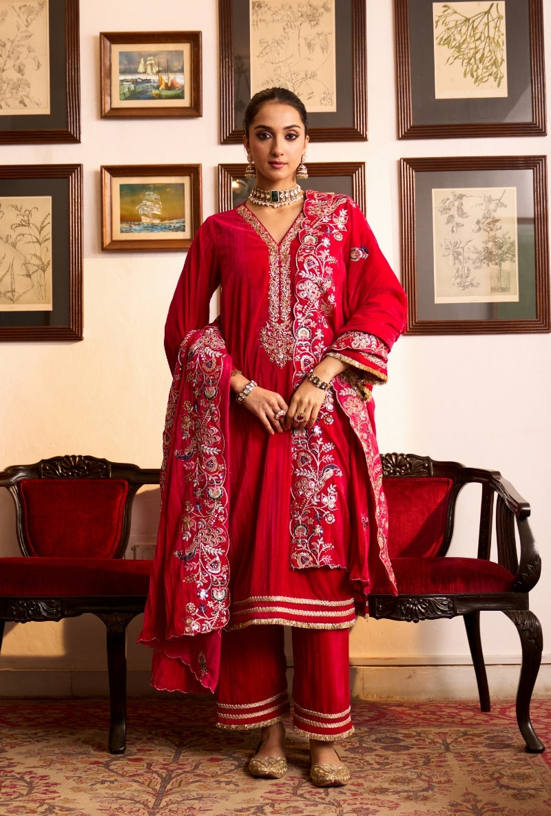 Hot Pink Crushed Velvet Dilbar Kurta Set