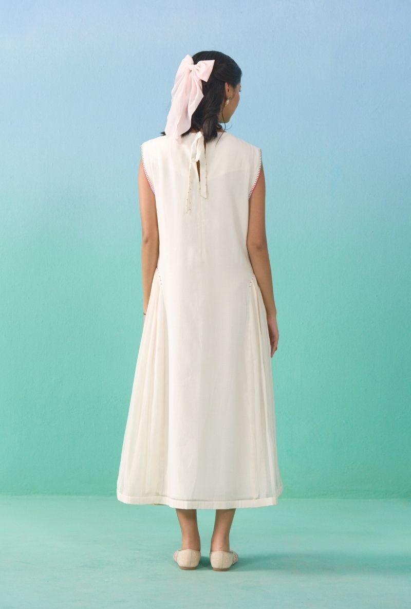 Ivory Embroidered Yoke  Side Pleats Zia Shift Dress