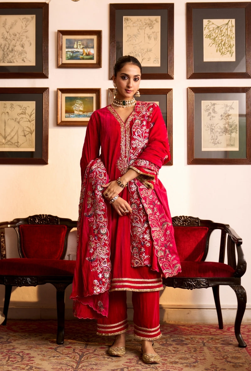 Hot Pink Crushed Velvet Dilbar Kurta Set