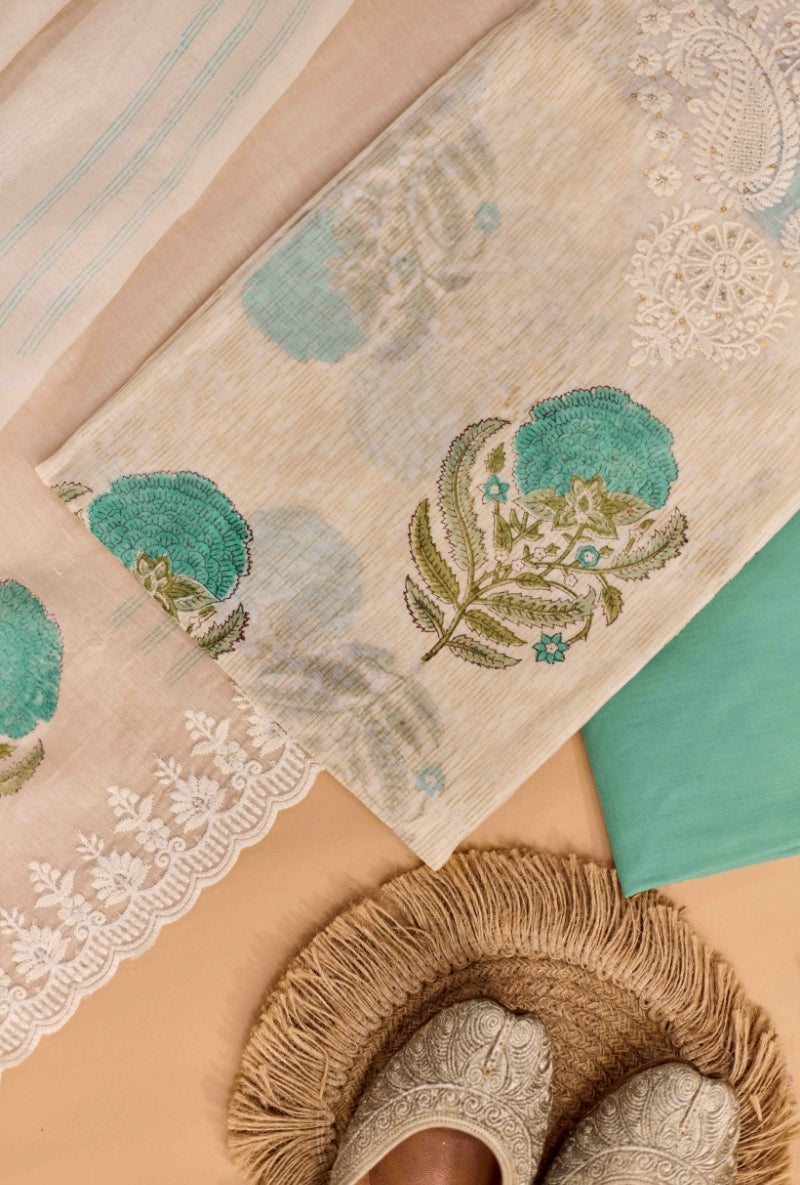Block Print Thread and Zari Embroidered Unstitched Suit Set