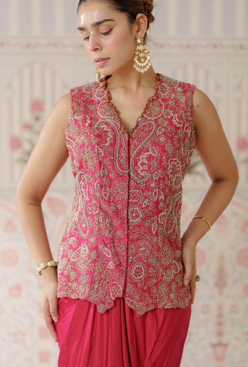 Red Heavy Embroidered Sleeveless Mallika Jacket Set