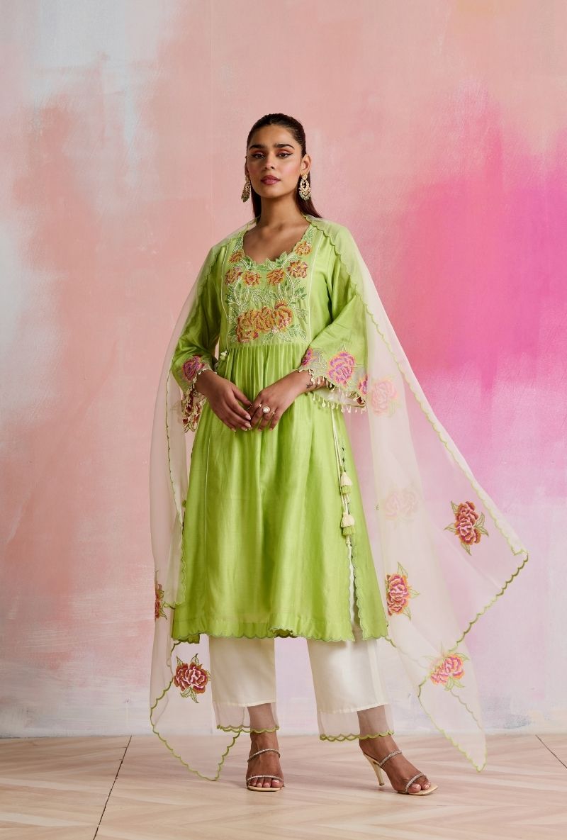 Light Green Embroidered Angrakha Yoke Amara Kurta Set