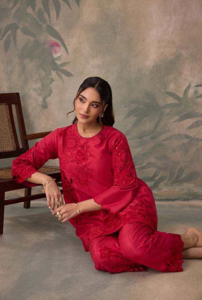 Red Cutwork Jalsa Co-Ord Set