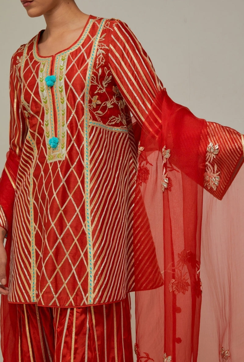 Tomato Red Gota Jaal Work Mehreen Farshi Set