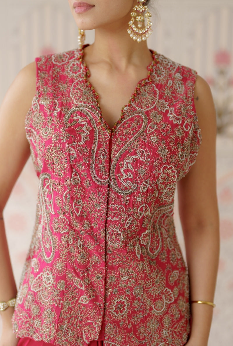 Red Heavy Embroidered Sleeveless Mallika Jacket Set