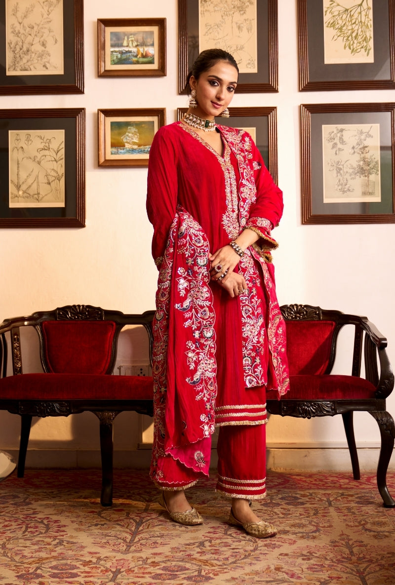 Hot Pink Crushed Velvet Dilbar Kurta Set