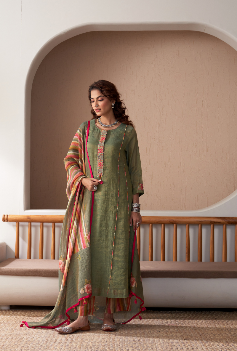 Green Embroidered Placket Bageecha Anarkali Set