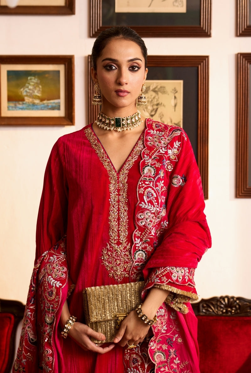 Hot Pink Crushed Velvet Dilbar Kurta Set