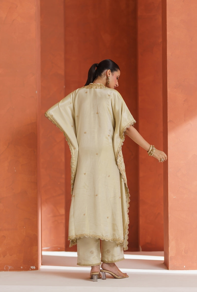Ivory Zari &amp; Resham Jaal Work Vira Kaftan Set