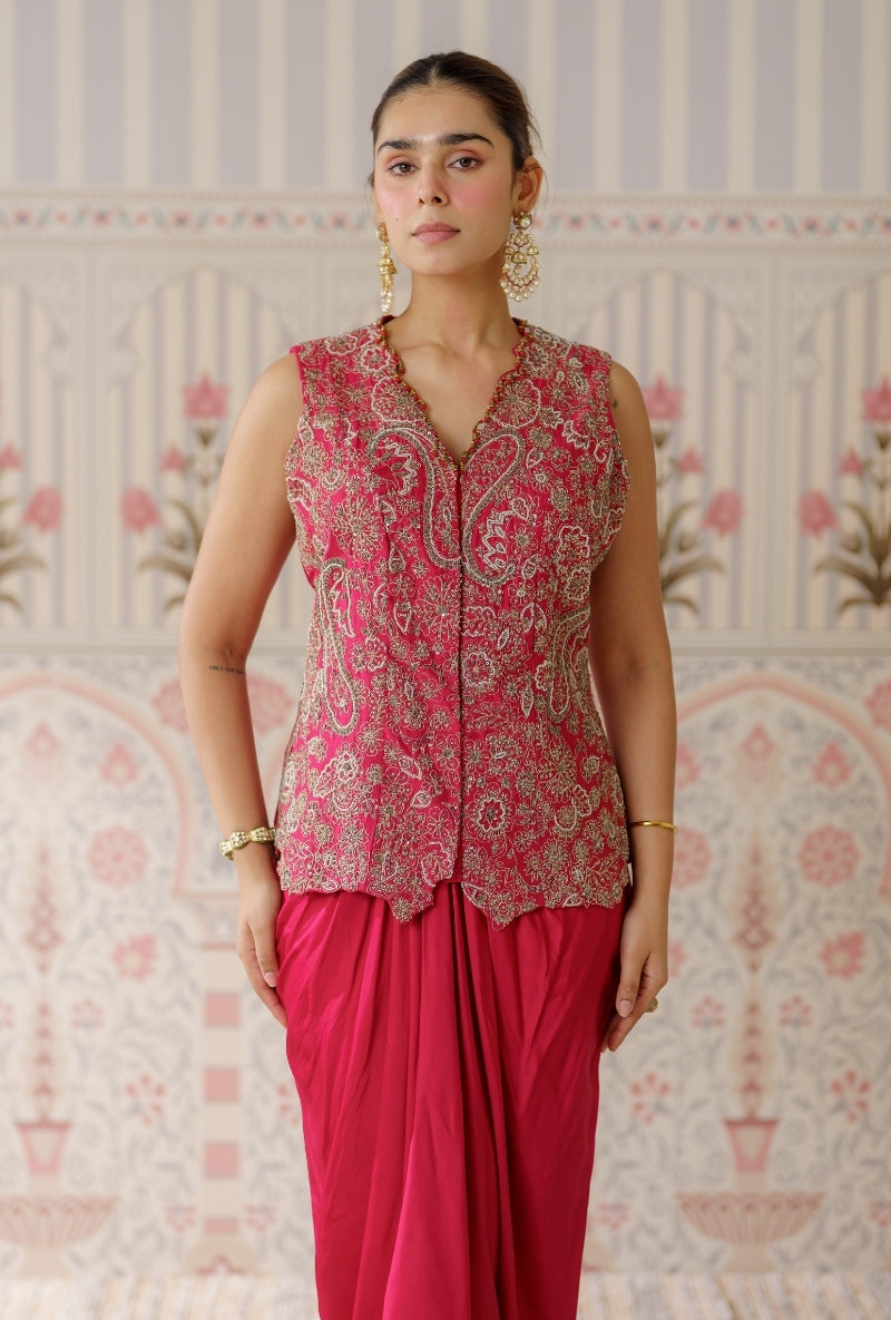 Red Heavy Embroidered Sleeveless Mallika Jacket Set