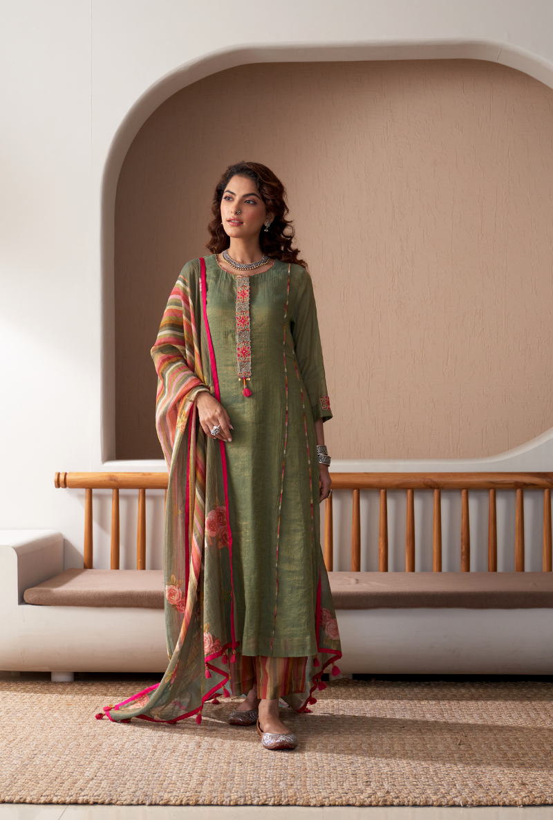 Green Embroidered Placket Bageecha Anarkali Set